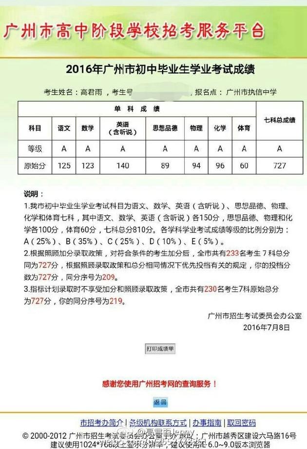 点读机女孩高君雨晒中考成绩图在线预览2P