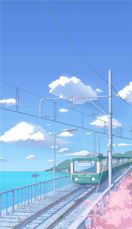 蓝色日系街道小清新手机壁纸 日系电车风景二次元图片高清 Qq业务乐园