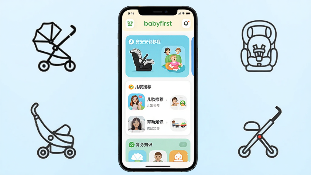 画面中央放置一部智能手机,屏幕显示宝贝第一(babyfirst)应用首页界面,界面包含安全座椅安装教程卡片、儿歌推荐列表和育儿知识入口。手机周围环绕婴儿车、儿童安全座椅和遛娃神器的简约线描图标。背景为柔和的浅蓝色渐变,布局采用居中对称排版。风格为清新扁平化UI展示风格,细节上突出应用图标和界面元素的圆角设计。画质高清、干净、无多余元素。