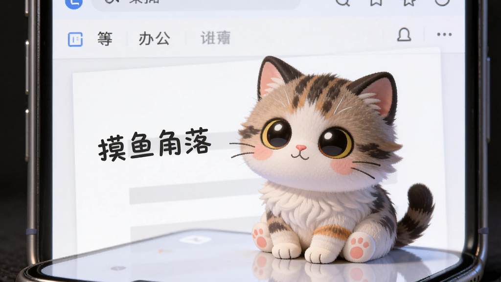 一只可爱的卡通小猫坐在手机屏幕角落,屏幕背景是简约的办公文档界面,小猫表情呆萌,旁边有'摸鱼角落'字样,布局为竖版手机屏幕构图,风格清新可爱,细节包括小猫的毛发纹理和柔和的屏幕光晕,画质高清,干净,无多余元素