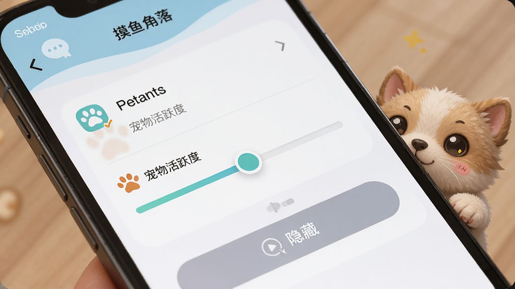 手机屏幕显示摸鱼角落的设置界面,有宠物活跃度滑块和隐藏按钮,界面风格简约,布局清晰,一只小宠物在旁边探头看,风格温馨,细节包括设置选项的文字和图标,画质高清,干净,无多余元素