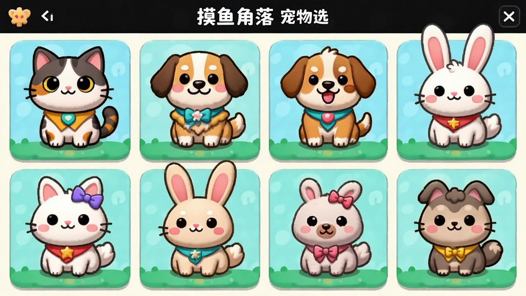 摸鱼角落的宠物选择界面,展示多款不同造型的卡通宠物,有猫、狗、兔子等,每只宠物都有不同的配饰,布局为网格排列,风格活泼可爱,细节包括每只宠物的独特表情和颜色,画质高清,干净,无多余元素