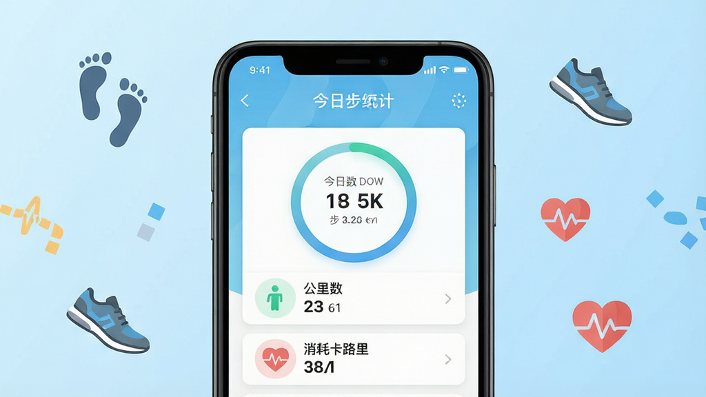 一张展示步步乐动手机应用主界面的图片,画面中央是一部竖屏智能手机,屏幕上显示步步乐动APP的今日步数统计面板,包含步数圆环、公里数、消耗卡路里等数据卡片,背景是浅蓝色渐变,周围点缀简约的运动图标如脚印、跑鞋、心跳符号,整体风格清爽扁平化,画质清晰,画面干净,无多余元素