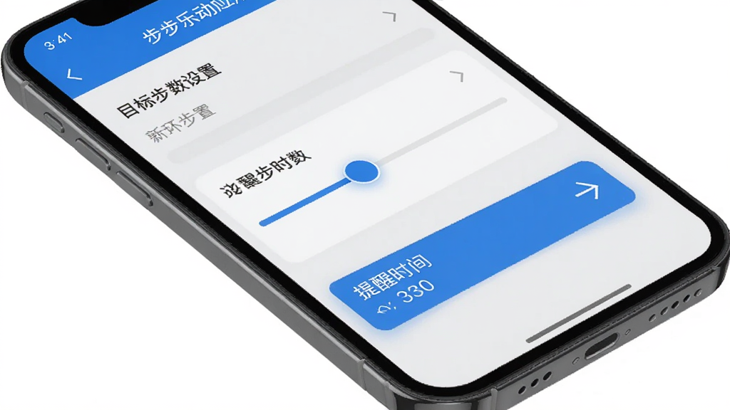 步步乐动应用设置页面的生图,手机屏幕显示目标步数设置滑块和提醒时间选项,界面采用浅灰色背景与蓝色强调色,布局为列表式,风格简约商务,画质清晰,画面干净无杂乱元素