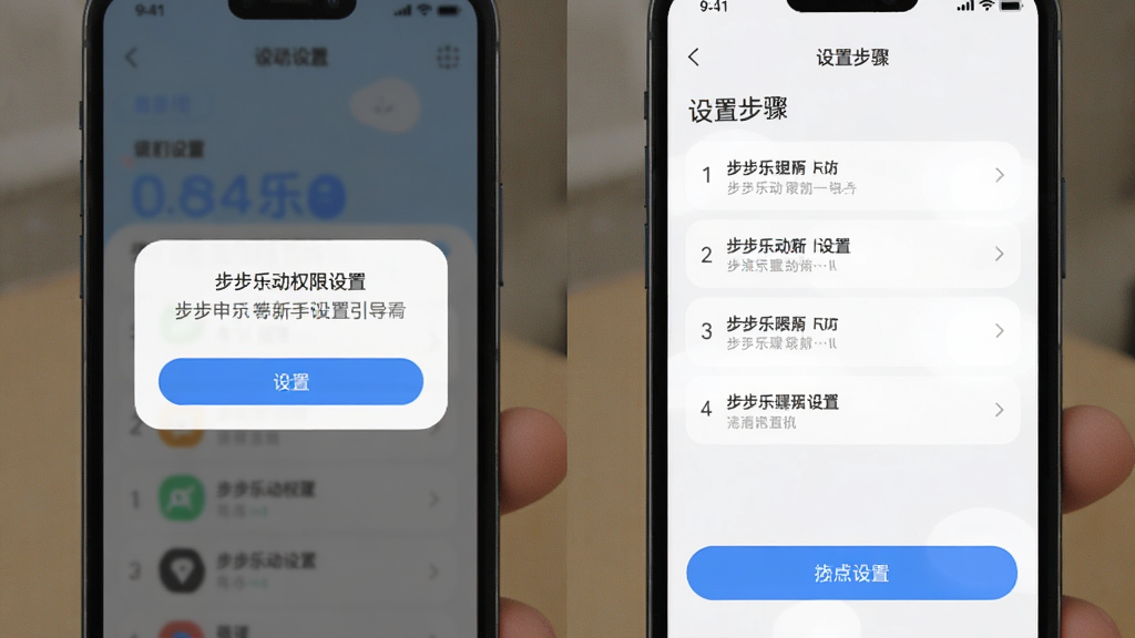 步步乐动新手设置引导界面的生图,手机屏幕显示权限申请弹窗与设置步骤列表,界面为浅色主题,带有蓝色高亮按钮,画面风格清新简洁,画质清晰,文字为中文,无多余装饰元素