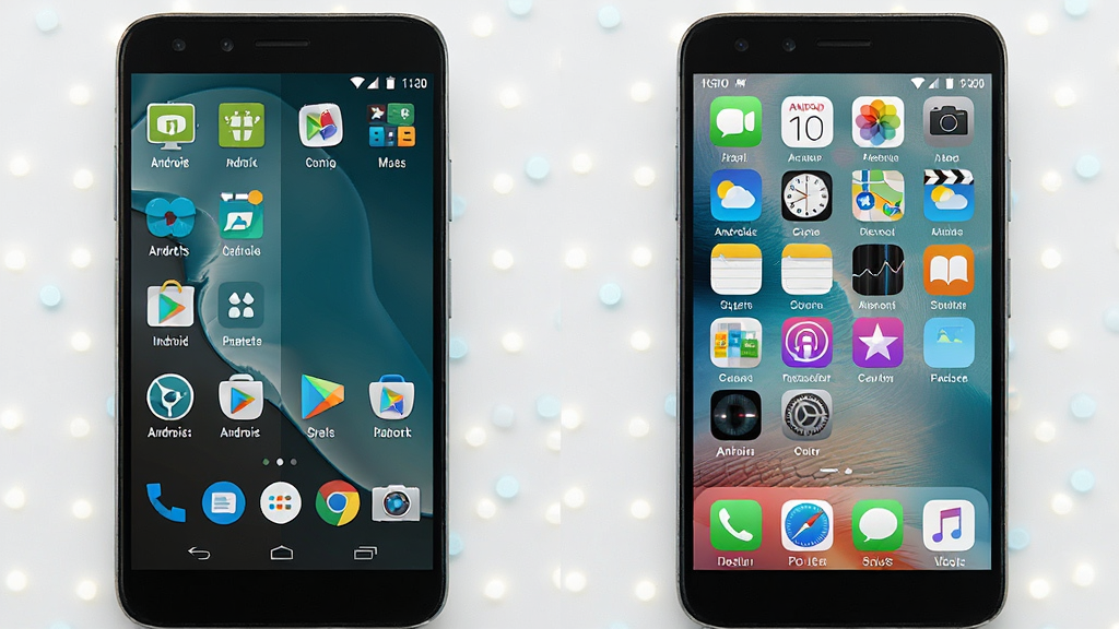 һ��չʾ��׿iOS����˫ϵͳ�����л�Ч����ͼƬ�������������ֻ���Ļ���ҷ��������Ϊ��׿ԭ�����棬�Ҳ�ΪiOS������棬����Ϊ���ҶԱ��Ű棬���Ϊ������˵�UIչʾ�磬ϸ�ڰ�������ͼ������졢�ײ���������ʽ�Աȣ������������ɾ��޶���Ԫ��