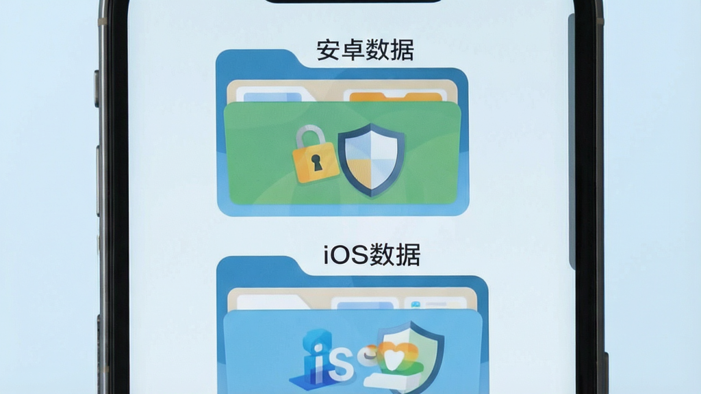 һ��չʾ��׿iOS�������ݸ�������˽�������ܵ�ͼƬ������������һ���ֻ���Ļ����ʾ�����������ļ���ͼ�꣬�ֱ��ע����׿���ݡ��롰iOS���ݡ�������Ϊ�������У����Ϊ��ȫ��������ı�ƽ����ƣ�ϸ�ڰ����ļ�������ͼ�ꡢ����Ԫ�ء�ǳ��ɫ�����������������ɾ��޶���Ԫ��