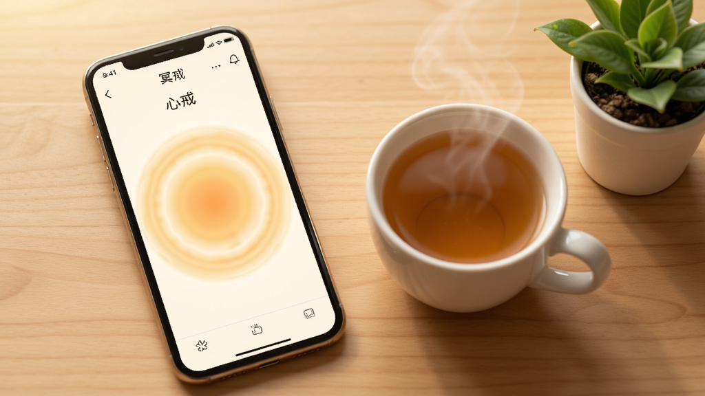 һ����ܰ��ڤ�볡��ͼ��������һ���ֻ�������ľ�������ϣ��ֻ���Ļ��ʾ�š��Ľ䡱APP��ڤ����ϰ���棬����������һ��������ɢ�ĺ���ԲȦ����������͵�ů��ɫ���Ρ��ֻ��Ա���һ���Ȳ��һ��С��ֲ����������ů����������ϸ�壬����ɾ������
