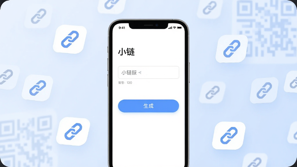 一张展示小链软件主界面的图片,画面中央是手机屏幕,屏幕内显示小链APP的简洁界面,包含输入框和生成按钮,背景为淡蓝色渐变,周围环绕着链接图标和二维码元素,风格清新简约,细节清晰,画质干净,无多余元素