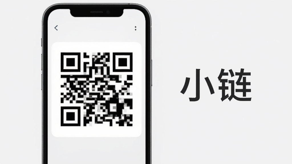 一张展示小链二维码生成功能的图片,画面中一部手机屏幕显示二维码图案,旁边有文字标签“小链”,背景为浅灰色,风格简洁现代,细节清晰,画质干净,无多余元素