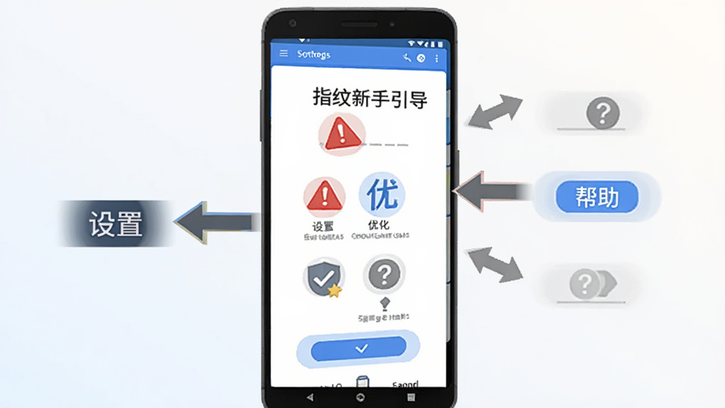 一部安卓手机屏幕显示指纹浏览器的新手引导页面,页面中有红色警示图标、蓝色优化图标和灰色提示图标,手机旁边有箭头指向“设置”和“帮助”按钮,背景为浅色渐变,风格为扁平化UI插画,细节清晰,画质干净,无多余元素