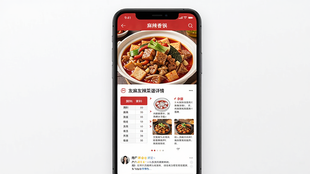 一张展示友麻友辣菜谱详情页的手机界面图,画面中央是一部智能手机,屏幕上显示着一道麻辣香锅的菜谱页面,上方是成品高清大图,下方依次排列用料表格、步骤图文和用户评论区域,界面配色红白相间,风格清爽,画质高清,干净无多余元素