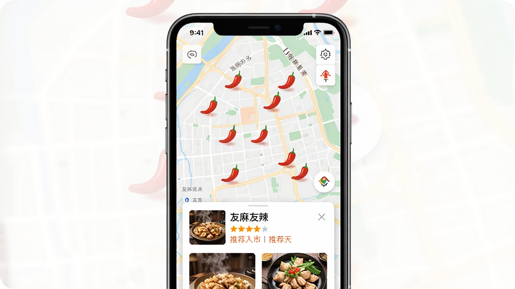 一张展示友麻友辣同城探店地图界面的手机截图,画面中央是手机屏幕,显示一张城市地图,地图上有多个红色辣椒图标标记餐厅位置,下方弹出店铺卡片显示店名、评分和推荐菜,界面风格现代简洁,配色以红橙为主,画质高清,干净无多余元素