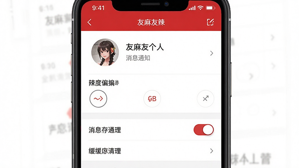一张展示友麻友辣应用设置页面的手机截图,画面中央是手机屏幕,显示个人资料编辑、辣度偏好选择、消息通知开关、缓存清理等设置项,界面风格简洁清晰,配色以白色和红色为主,画质高清,干净无多余元素
