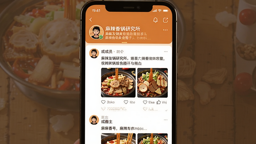 一张展示友麻友辣美食圈子互动页面的手机截图,画面中央是手机屏幕,显示一个名为麻辣香锅研究所的圈子主页,顶部有圈主头像和简介,下方是成员发帖列表,每条帖子包含文字、图片和点赞评论数,界面配色温暖,风格社区化,画质高清,干净无多余元素