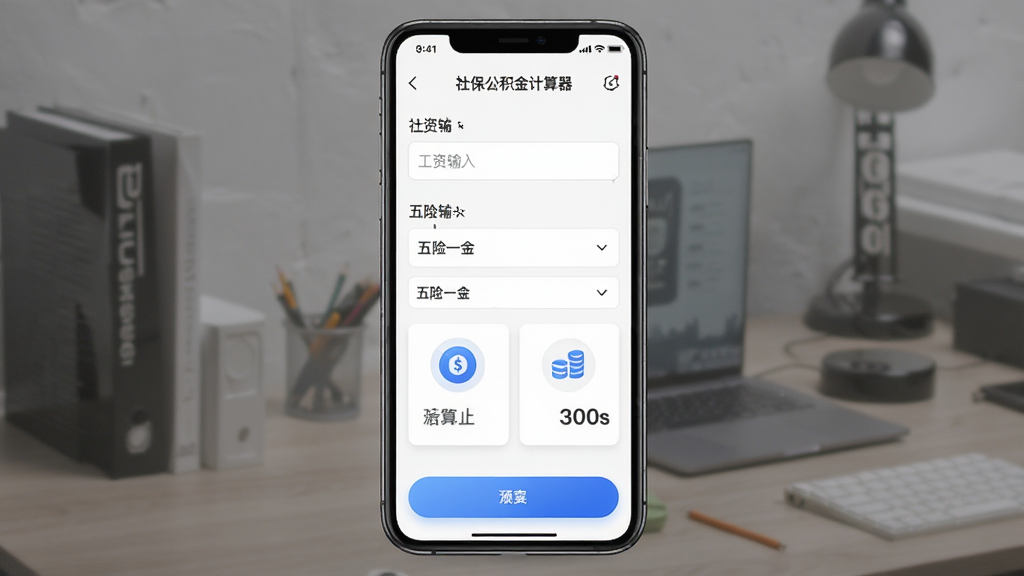 手机社保公积金计算软件主界面预览图,主体为一台竖屏智能手机,屏幕中央展示社保公积金计算器界面,布局包含工资输入框、五险一金下拉选项与计算结果卡片,排版简洁清晰,风格为现代扁平化科技风,细节包含蓝色渐变按钮与圆形图标,画质高清,干净,无多余元素