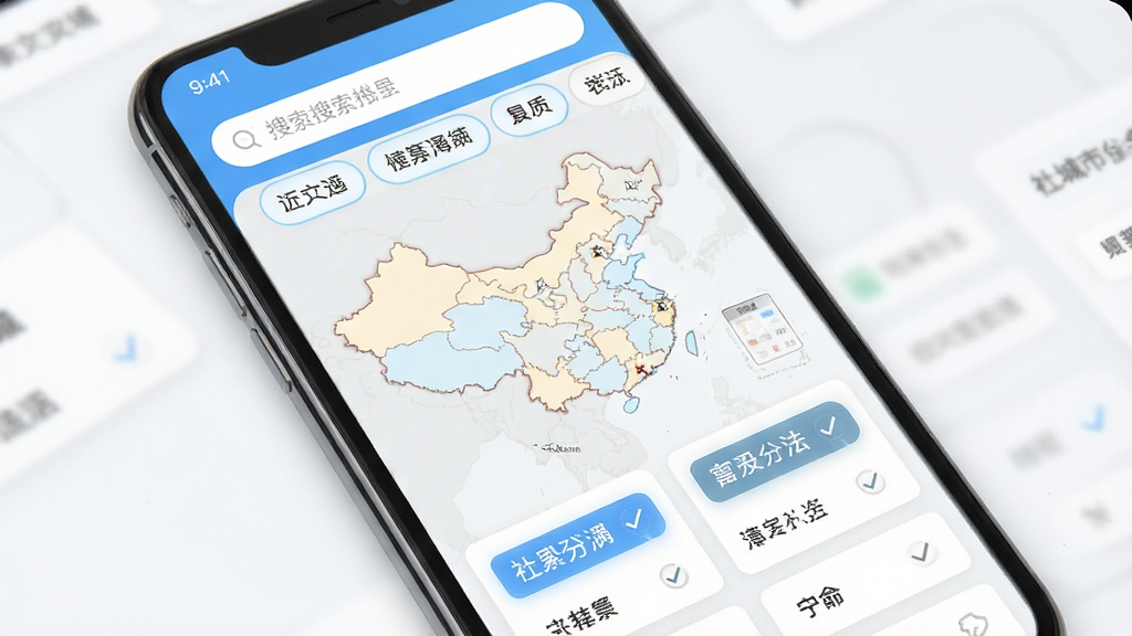 手机社保公积金计算多城市选择界面,主体为手机屏幕显示中国地图与城市列表,布局为顶部搜索栏加下方滚动城市标签,排版采用卡片式分组,风格为清新浅色商务风,细节包含高亮选中的城市名称与勾选图标,画质清晰,干净,无多余元素