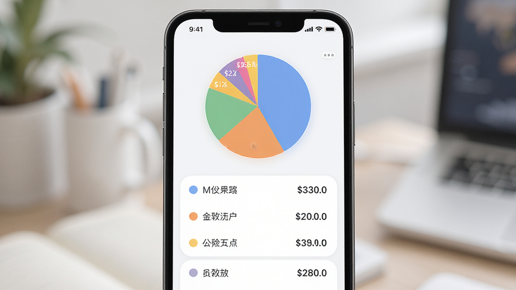 手机社保公积金计算五险一金计算结果详情页,主体为手机屏幕展示饼状图与数据列表,布局为上方饼图下方分项明细,排版整齐,风格为柔和圆角商务风,细节包含不同颜色的扇形区块与对应金额数字,画质高清,干净,无多余元素