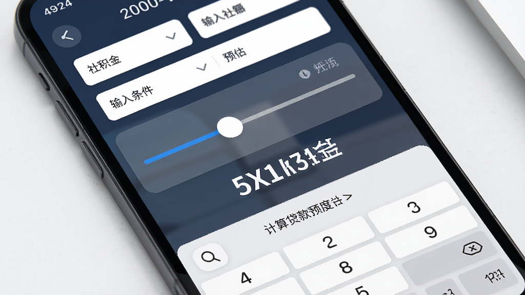 手机社保公积金计算贷款额度预估界面,主体为手机屏幕显示滑块调节器与预估金额大字,布局为上方输入条件下方结果展示,排版简约,风格为现代商务风,细节包含数字键盘与放大镜图标,画质清晰,干净,无多余元素