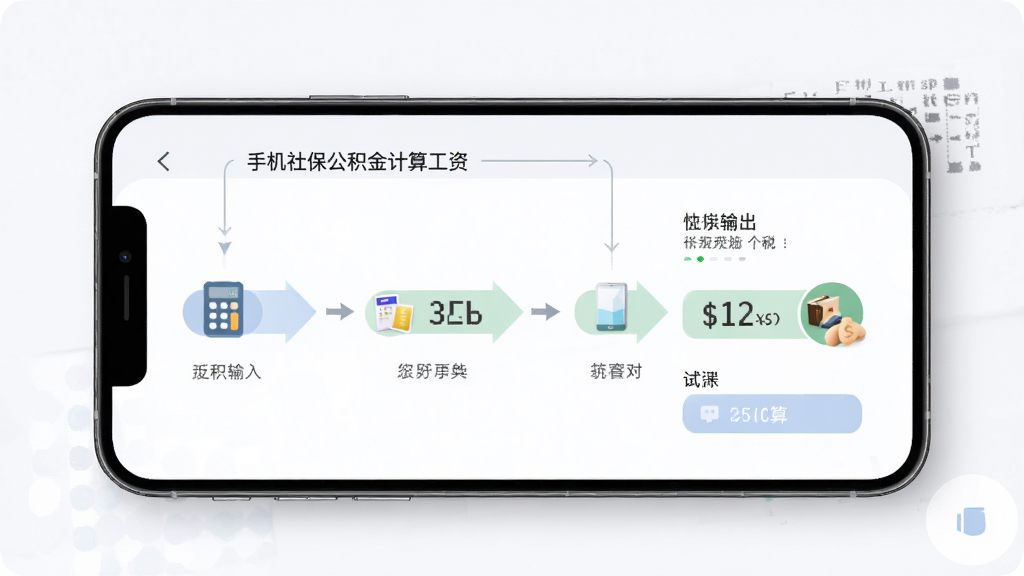 手机社保公积金计算工资反推与个税试算界面,主体为手机屏幕显示逆向计算流程图,布局为左侧输入右侧输出,排版采用步骤条形式,风格为清爽素雅风,细节包含箭头指示与计算器图标,画质高清,干净,无多余元素