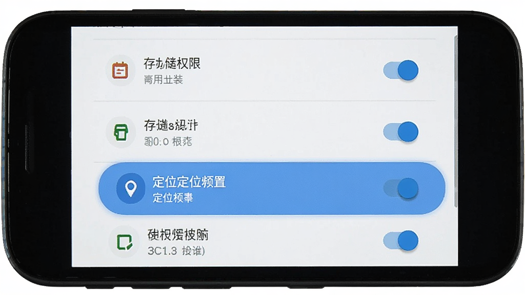 手机社保公积金计算安卓手机安装权限设置界面,主体为手机屏幕显示应用权限管理列表,布局为纵向排列的权限开关,排版清晰,风格为系统原生简约风,细节包含存储权限与定位权限的高亮标识,画质高清,干净,无多余元素