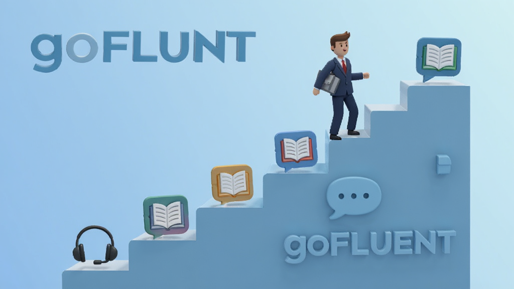一幅描绘goFLUENT个性化学习路径的示意图,画面中有一条蜿蜒向上的阶梯,阶梯上分布着不同难度的英语学习图标,如耳机、书本、对话气泡等,一位职场人士正沿着阶梯向上攀登,背景是柔和渐变的蓝色天空,风格扁平化现代插画,细节清晰,画质干净,无多余元素