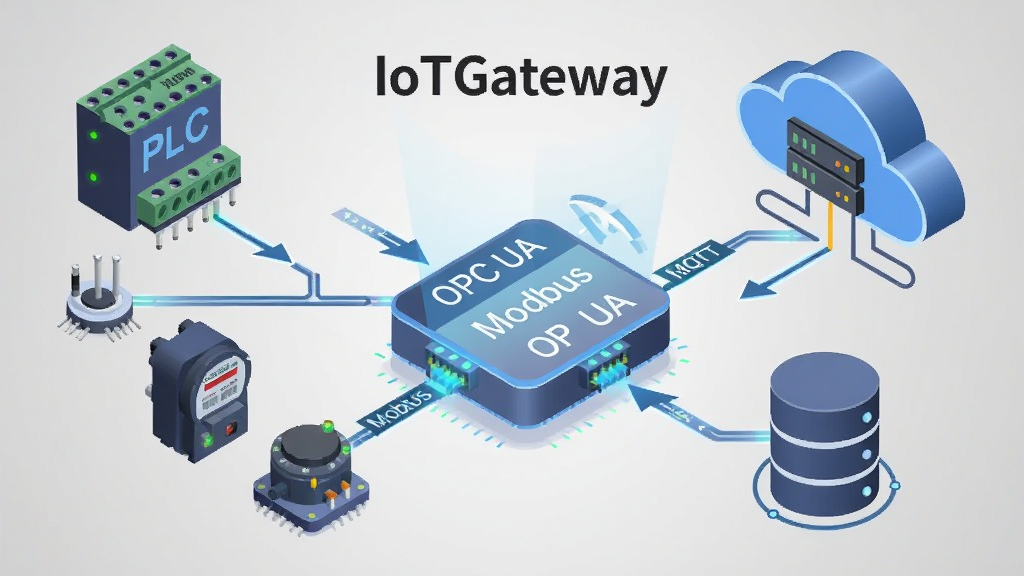 �������ơ�IoTGateway��λ�ڻ������룬���ΪPLC����������������豸ͼ�꣬�Ҳ�Ϊ�Ʒ����������ݿ�ͼ�꣬�м��ɷ����Э��ת��ģ�����ӣ�ģ���ϱ�ע��Modbus����OPC UA����MQTT�����������õȾ��ӽǵĿƼ��廭��񣬱���Ϊǳ��ɫ���䣬ϸ�ڰ������������ͷ���豸ָʾ�ƣ���������������ɾ����޶���Ԫ��