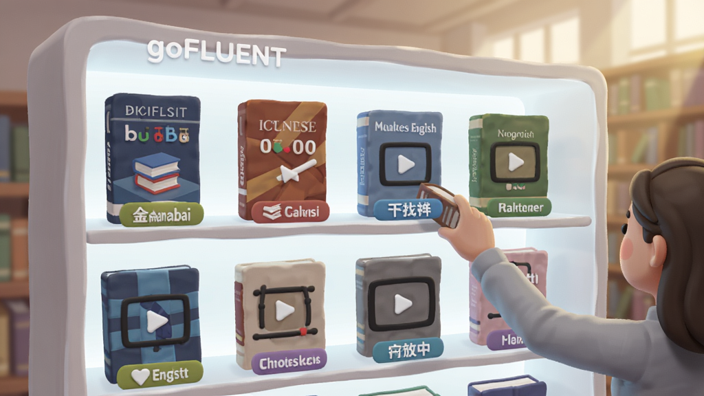一幅展示goFLUENT商务英语资源库的图片,画面中一个发光的数字书架,书架上排列着不同行业的英文书籍与视频图标,如金融、科技、医疗等标签清晰可见,一位用户正伸手取阅,背景是柔和的图书馆光线,风格写实插画,画质细腻,干净,无多余元素