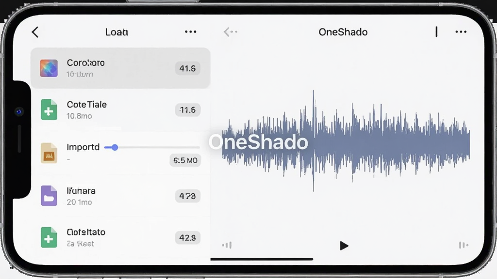手机屏幕展示OneShado音频导入界面,左侧为本地文件列表,右侧为已导入音频的波形预览,画面中有OneShado文字水印,布局为左右分栏,风格为简约浅色,细节包含文件格式图标、导入进度条、音频时长标签,画质高清干净无多余元素