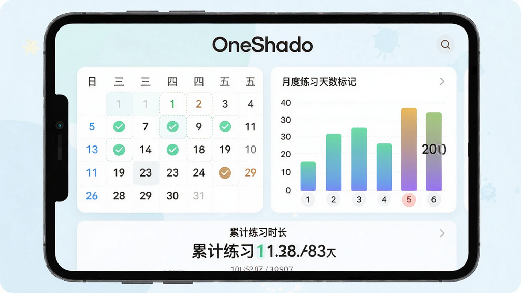 OneShado学习记录页面,屏幕展示日历式打卡记录与柱状图统计,顶部有OneShado文字,中部为月度练习天数标记,底部为累计练习时长数据,风格为清新浅色,细节包含打卡对勾图标、柱状图渐变填充、数据数字高亮,画质高清干净无多余元素