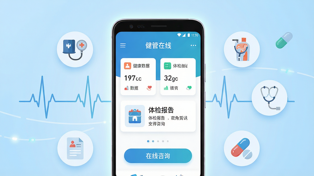 画面中央一部安卓手机,手机屏幕显示“健管在线”应用首页界面,界面包含健康数据卡片、体检报告入口与在线咨询按钮,手机周围环绕心电图线条、血压计图标、体检报告图标与药丸图标,背景为干净的浅蓝色渐变,布局采用居中对称构图,风格为现代扁平化科技风,细节上手机边缘有柔和光晕,图标线条简洁,画质高清,干净,无多余元素