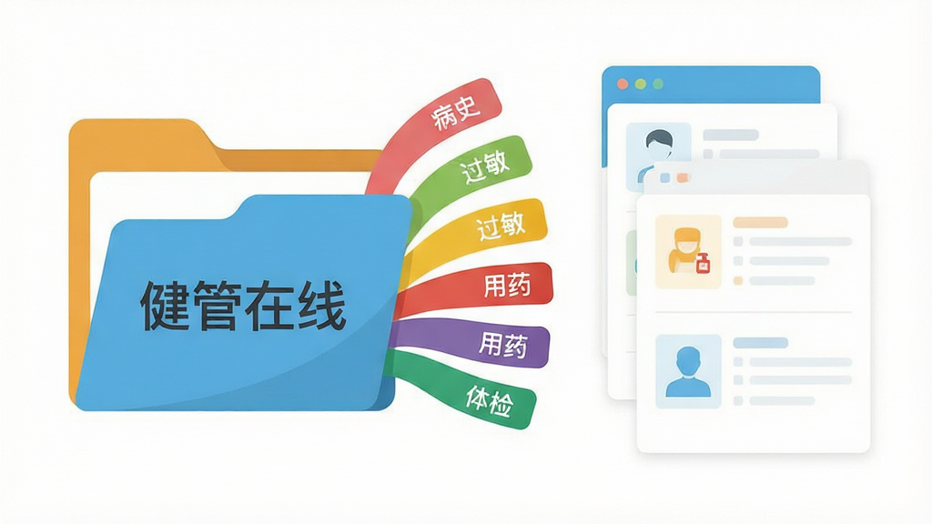 一个简洁的电子健康档案界面,画面主体为文件夹样式的图标,文件夹表面印有“健管在线”字样,文件夹内延伸出多条彩色标签线,分别标注“病史”“过敏”“用药”“体检”等文字,布局为左侧文件夹、右侧信息卡片展开,风格为清新扁平化设计,细节上标签线有轻微弧度,背景为纯白,画质清晰,干净,无多余元素