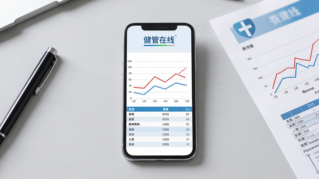 一部手机横屏展示体检报告页面,屏幕内包含折线图与数据表格,表格上方有“健管在线”标识,手机旁边放着一支笔和一张纸质报告单,布局为手机居中、文具点缀两侧,风格为简约商务风,细节上折线图有红蓝双色线条,背景为浅灰色桌面,画质高清,干净,无多余元素