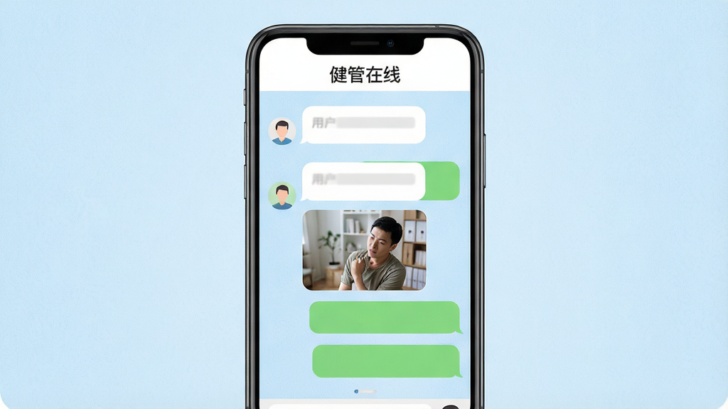 一个在线咨询聊天界面,界面顶部显示“健管在线”名称,聊天框内有用户发送的文字消息与图片缩略图,对方回复气泡为绿色,布局为手机屏幕居中展示,风格为现代社交应用风,细节上聊天背景有淡蓝色纹理,气泡边缘圆润,画质清晰,干净,无多余元素