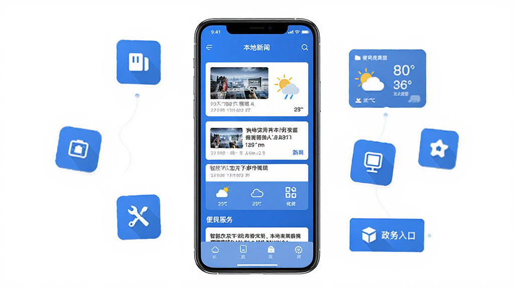 智慧庆云应用主界面展示,主体为一部现代智能手机,屏幕上显示蓝色调本地新闻资讯列表和便民服务图标,布局为居中手机展示加周围悬浮功能图标,排版简洁清晰,风格为现代科技扁平化设计,细节包含新闻卡片、天气组件和政务入口按钮,画质高清,干净,无多余元素