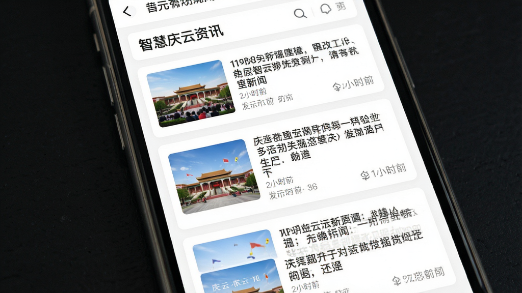 智慧庆云新闻资讯页面展示,主体为手机屏幕显示庆云本地新闻列表,布局为多张新闻卡片垂直排列,排版整齐有序,风格为清新资讯阅读界面,细节包含新闻标题、缩略图和发布时间,画质高清,干净,无多余元素