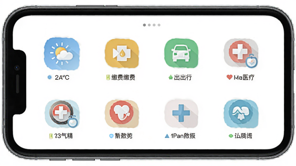 智慧庆云便民服务功能展示,主体为手机屏幕显示多个便民工具图标网格,布局为四列图标整齐排列,排版干净利落,风格为轻量扁平化图标设计,细节包含天气、缴费、出行、医疗等图标,画质高清,干净,无多余元素