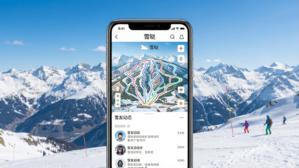 一张户外雪山场景的APP界面展示图,画面中央是一部智能手机,屏幕上显示着名为