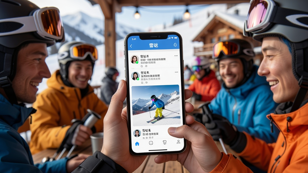 一群滑雪爱好者在雪场休息区看手机,手机屏幕显示