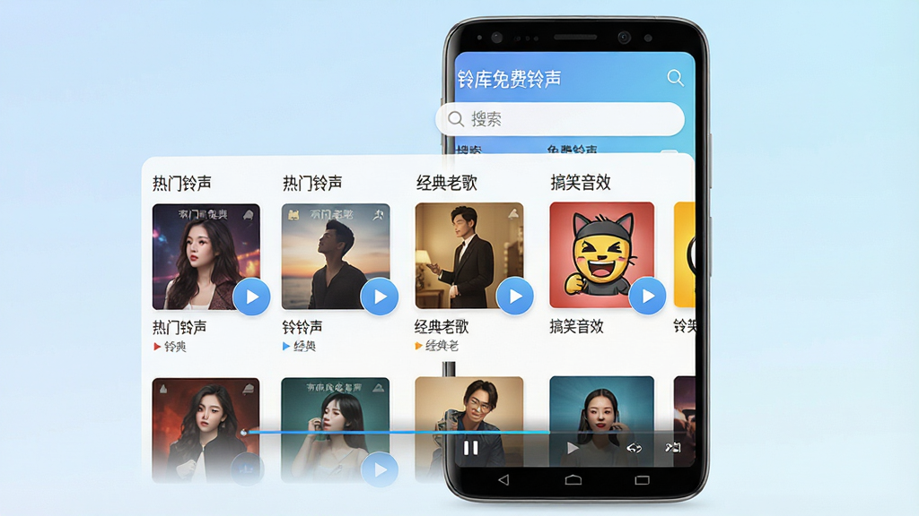 一张展示铃库免费铃声手机应用界面的图片,主体是一部竖屏安卓手机,屏幕中显示“铃库免费铃声”应用首页,顶部有搜索框,中部为“热门铃声”“经典老歌”“搞笑音效”等分类板块,底部有播放控制条,背景为淡蓝色渐变,整体布局清晰,风格简洁现代,细节包含歌曲封面缩略图和播放按钮,画质高清,干净无多余元素