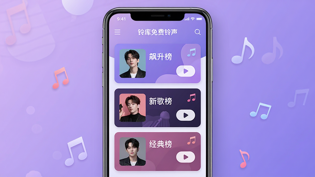 一幅AI生成的图片,展示“铃库免费铃声”的曲库界面,画面中央是手机屏幕,屏幕中显示多个音乐榜单卡片,卡片上写有“飙升榜”“新歌榜”“经典榜”字样,每个卡片配有歌手头像和播放按钮,背景为柔和渐变紫色,风格时尚,布局整齐,细节包含音符装饰元素,画质清晰,干净无多余元素