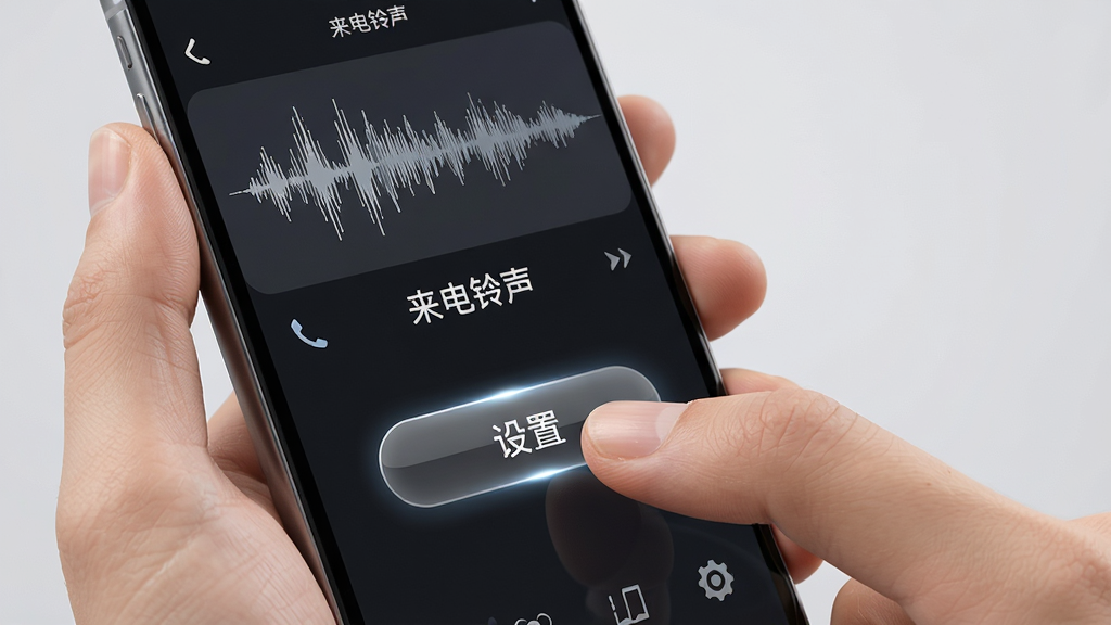 一幅AI生成图片,表现“铃库免费铃声”一键设置功能,画面中一只手拿着手机,拇指正点击屏幕上的“设置”按钮,屏幕中显示铃声波形和“来电铃声”字样,背景为简约的浅灰色,风格写实,布局聚焦于手指与屏幕的交互,细节包含按钮的高光效果,画质高清,干净无多余元素