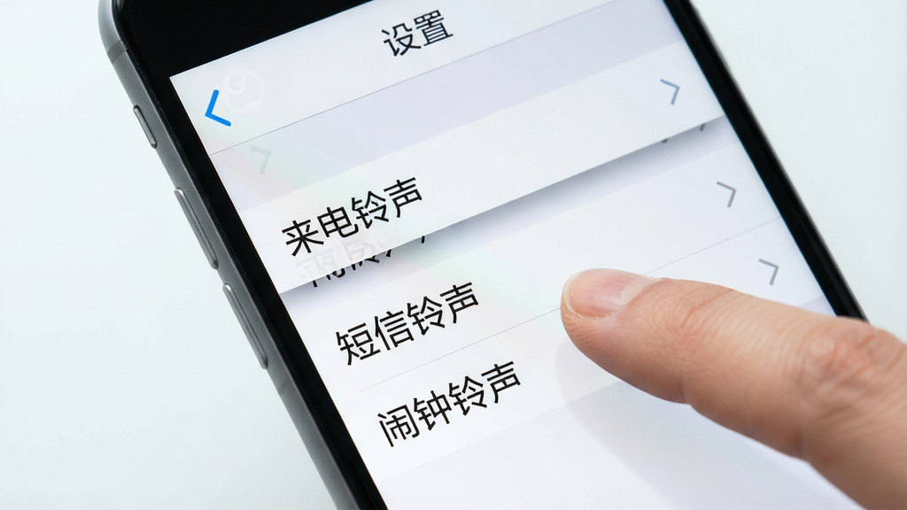 一张展示铃库免费铃声在手机上设置来电铃声的步骤截图,画面为手机屏幕特写,屏幕中显示“设置”菜单,包含“来电铃声”“短信铃声”“闹钟铃声”三个选项,手指正点击“来电铃声”,背景为浅色,风格简洁,布局清晰,细节包含按钮的阴影效果,画质高清,干净无多余元素