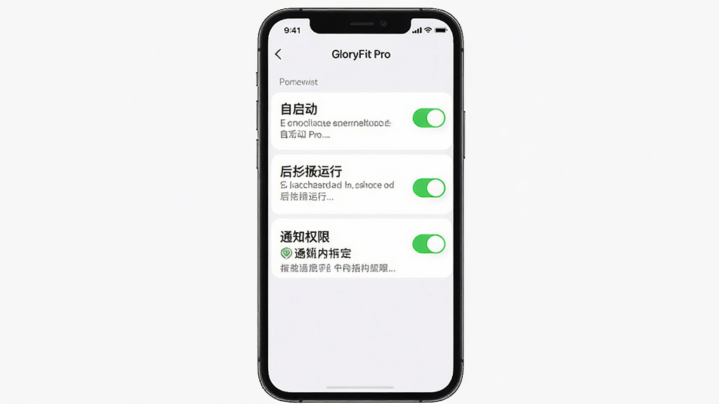 主体为手机屏幕展示GloryFitPro权限设置界面,布局为竖屏手机界面居中,排版上显示自启动、后台运行、通知权限等开关选项,风格为浅色商务UI风格,细节包括开关的绿色高亮状态、权限说明文字、顶部导航栏,画质为高清,画面干净,无多余元素。