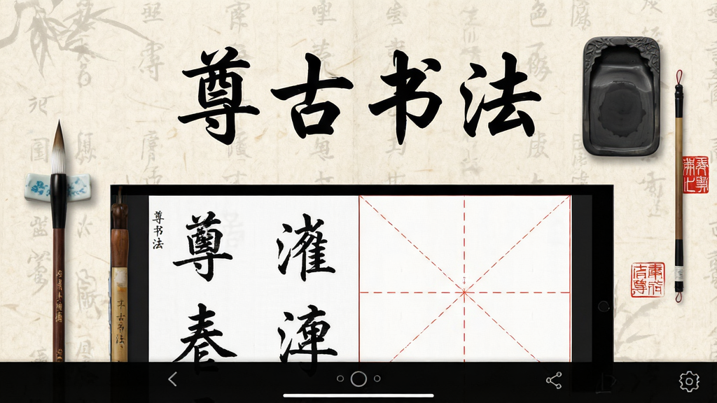 一张展示尊古书法软件界面的手机应用截图,画面中央是古风书法练习界面,背景为宣纸纹理,上方有“尊古书法”四个毛笔字,下方展示楷书字帖和描红格子,整体布局简洁,风格为传统中国风,细节包含毛笔、砚台、印章元素,画质高清,干净,无多余元素