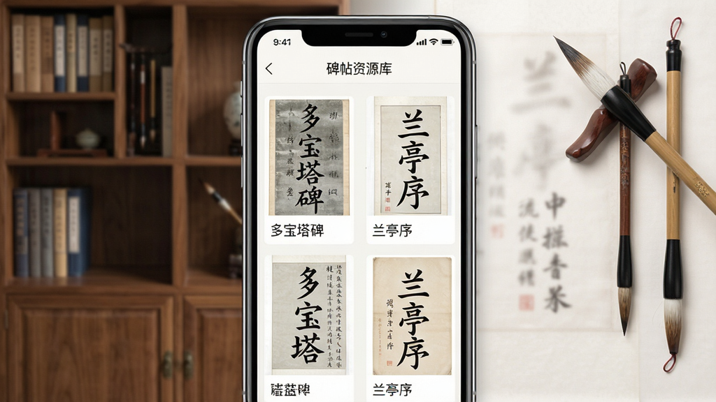 一幅展示尊古书法App内碑帖资源库界面的图片,画面主体为手机屏幕,屏幕中排列着多个书法字帖缩略图,包括“兰亭序”“多宝塔碑”等,布局为网格状,风格为古典雅致,细节有木质书架背景和毛笔装饰,画质高清,干净,无多余元素