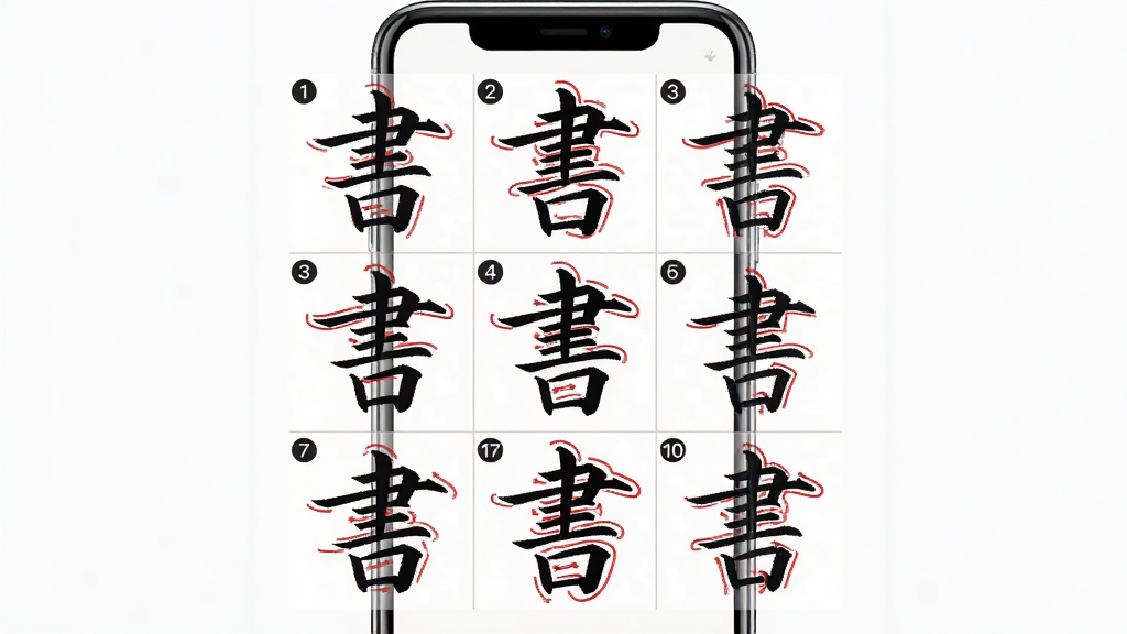 一幅展示尊古书法App笔顺演示功能的图片,画面主体为手机屏幕,屏幕中显示“”字的笔顺分解步骤,布局为九宫格形式,风格为教学演示,细节有红色笔画轨迹和序号标注,画质高清,干净,无多余元素