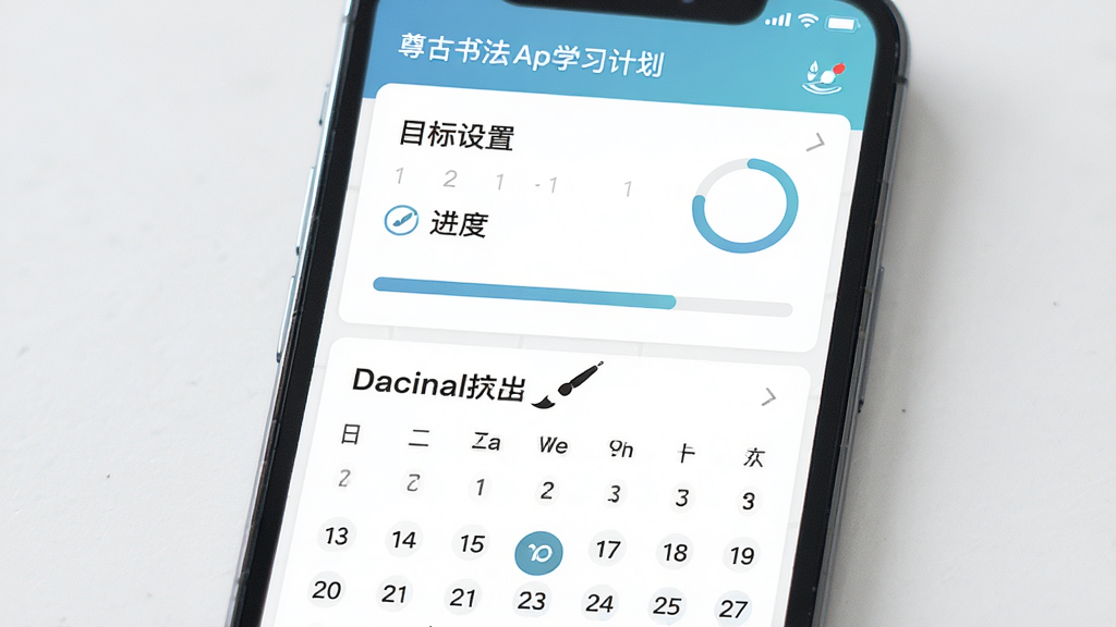 一张展示尊古书法App学习计划界面的图片,画面为手机屏幕,屏幕中显示日历打卡记录和进度条,布局为上下结构,上方是目标设置下方是打卡日历,风格为清新商务,细节有毛笔图标和进度环,画质高清,干净,无多余元素