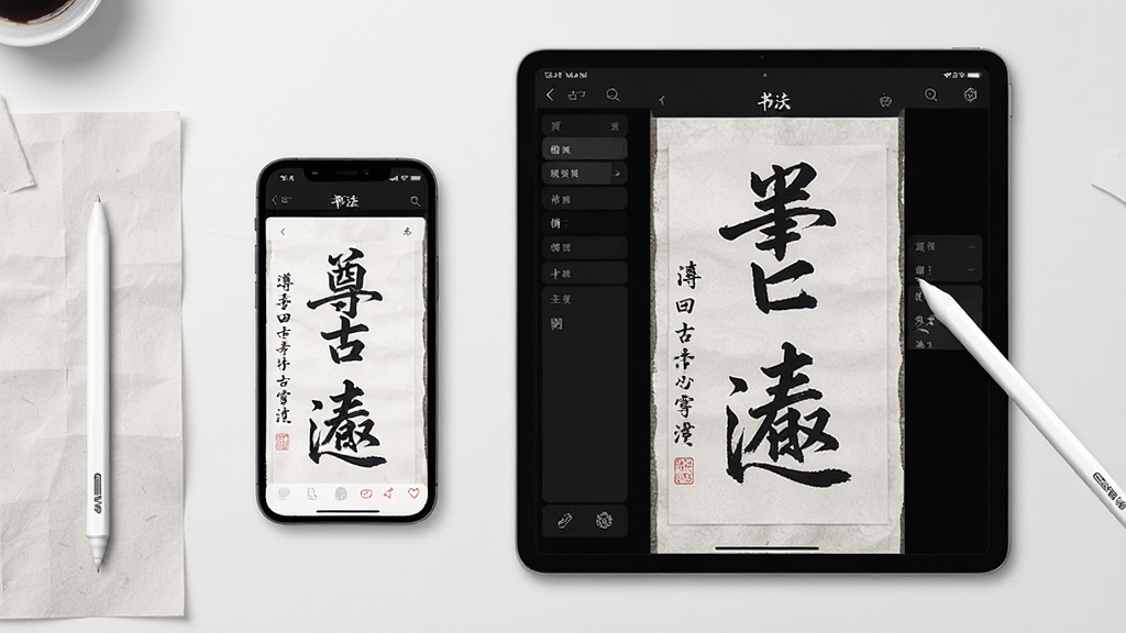 一张展示尊古书法App在手机和平板设备上同步使用的场景图,画面主体为桌面上的手机和平板,屏幕中均显示书法练习界面,布局为左右并列,风格为现代简约,细节有触控笔和宣纸纹理,画质高清,干净,无多余元素