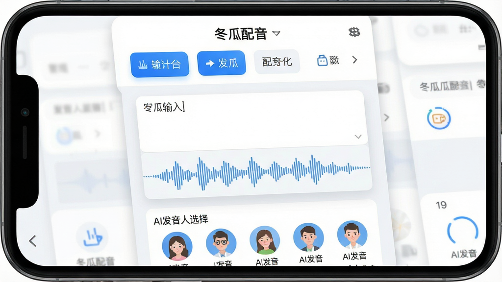 一张展示冬瓜配音软件界面的手机屏幕截图,主体为简洁现代的配音编辑界面,布局上方显示软件名称“冬瓜配音”和功能按钮,中间是文字输入框与语音波形预览,底部是AI发音人选择列表,风格为科技感扁平化设计,细节包含蓝色主色调图标、清晰的功能分区、柔和的阴影效果,画质高清干净无多余元素